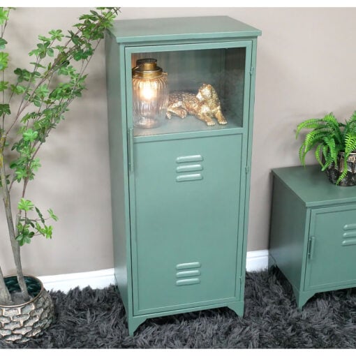 Industrial Green Metal And Glass Locker Style Tall Storage Cabinet 117cm