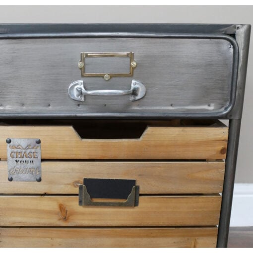 Industrial Silver Metal And Solid Fir Wood Sideboard Storage Cabinet With Wheels