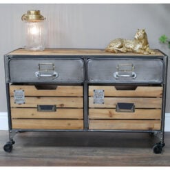 Industrial Silver Metal And Solid Fir Wood Sideboard Storage Cabinet With Wheels