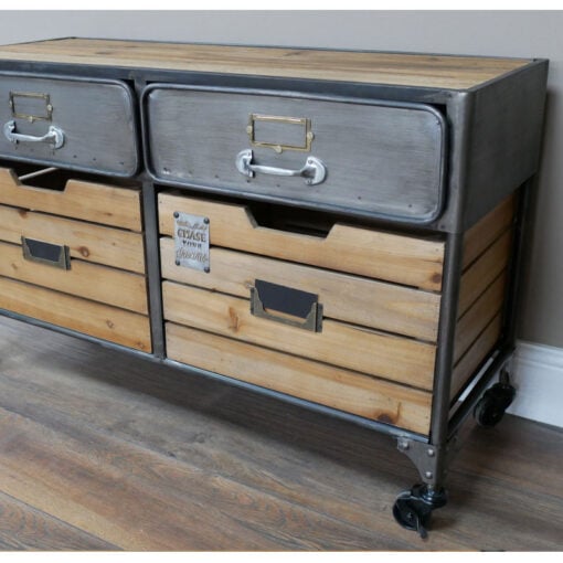 Industrial Silver Metal And Solid Fir Wood Sideboard Storage Cabinet With Wheels