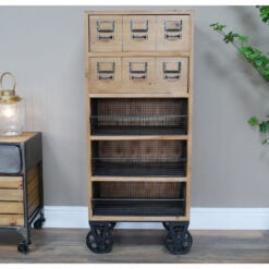 Industrial Solid Fir Wood 3 Basket 2 Drawer Tall Storage Cabinet With Wheels