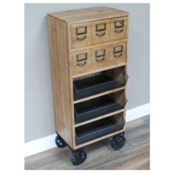 Industrial Solid Fir Wood 3 Basket 2 Drawer Tall Storage Cabinet With Wheels