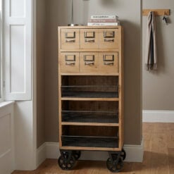 Industrial Solid Fir Wood 3 Basket 2 Drawer Tall Storage Cabinet With Wheels