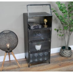 Industrial Steel Grey Metal And Glass 4 Tier Display Cabinet 100cm