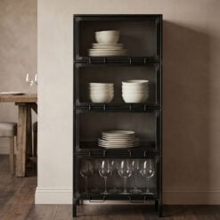 Industrial Steel Grey Metal And Glass 4 Tier Display Cabinet 100cm