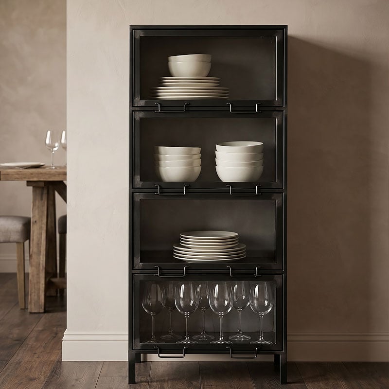 Industrial Steel Grey Metal And Glass 4 Tier Display Cabinet 100cm Industrial Steel Grey Metal And Glass 4 Tier Display Cabinet 100cm