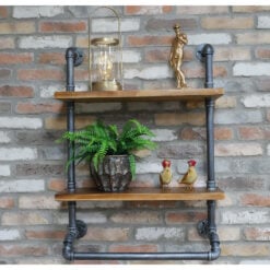 Industrial Steel Grey Metal Pipe And Solid Wood Wall Shelf 95cm