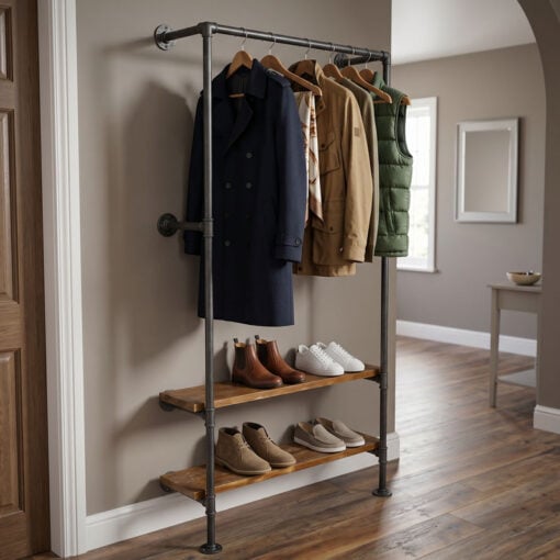 Industrial Steel Grey Metal Pipe Hall Stand Shelving Unit Coat Rack 194cm Industrial Steel Grey Metal Pipe Hall Stand Shelving Unit Coat Rack 194cm