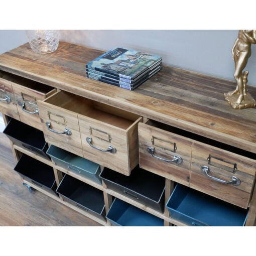 Rustic Industrial Reclaimed Wood And Metal Drawers And Crates Sideboard Cabinet With Wheels 120cm