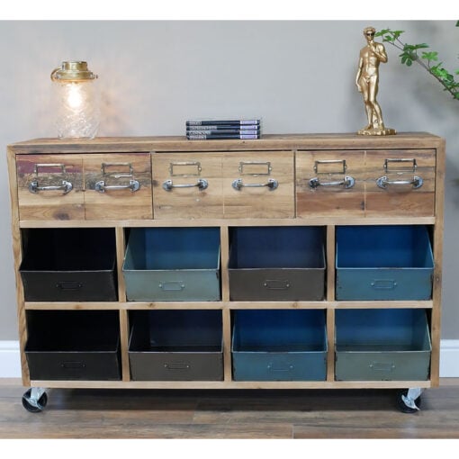 Rustic Industrial Reclaimed Wood And Metal Drawers And Crates Sideboard Cabinet With Wheels 120cm