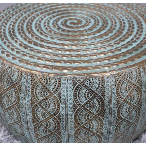 Set Of 2 Boho Moroccan Drum Hammered Green And Gold Side Coffee Tables