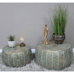 Set Of 2 Boho Moroccan Drum Hammered Green And Gold Side Coffee Tables