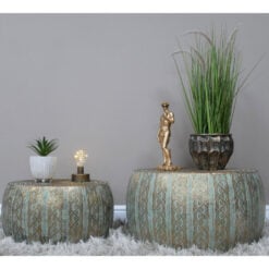 Set Of 2 Boho Moroccan Drum Hammered Green And Gold Side Coffee Tables