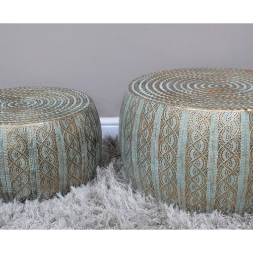 Set Of 2 Boho Moroccan Drum Hammered Green And Gold Side Coffee Tables