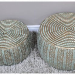 Set Of 2 Boho Moroccan Drum Hammered Green And Gold Side Coffee Tables