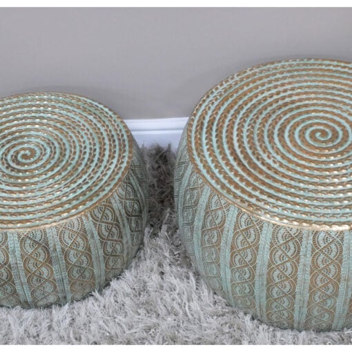 Set Of 2 Boho Moroccan Drum Hammered Green And Gold Side Coffee Tables