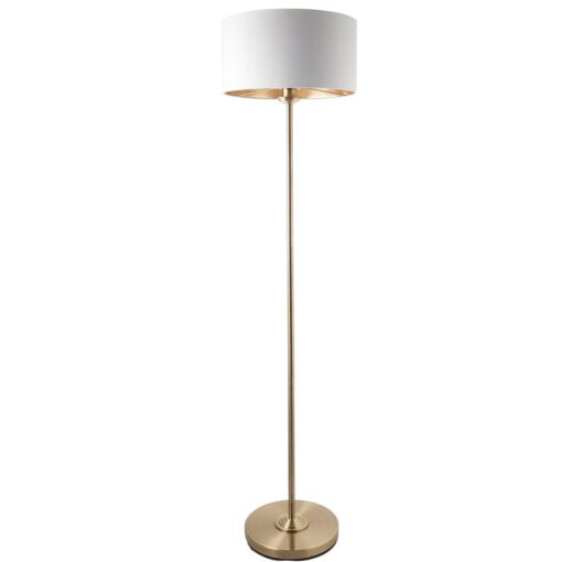 Antique Gold Brass Metal 1 Light Floor Lamp With White Faux Silk Shade 150cm