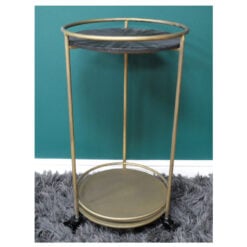 Antique Gold Metal And Dark Wood 2 Tier Tall Side Table With Wheels