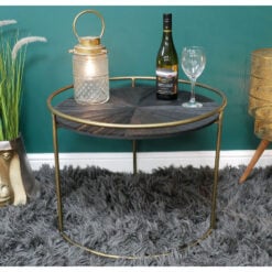 Antique Gold Metal And Dark Wood Round Side Table Coffee Table 60cm