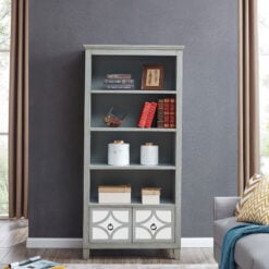 Antique Grey Wood And Antique Mirrored Glass 2 Drawer Shelving Bookcase 190cm