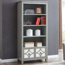 Antique Grey Wood And Antique Mirrored Glass 2 Drawer Shelving Bookcase 190cm