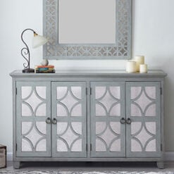 Antique Grey Wood And Antique Mirrored Glass 4 Door Large Sideboard 150cm