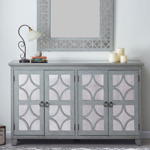 Antique Grey Wood And Antique Mirrored Glass 4 Door Large Sideboard 150cm