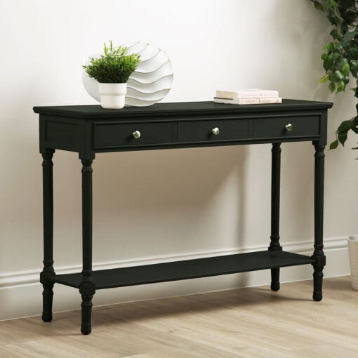 Arabella Black Wood Large 3 Drawer Console Table Hallway Table 120cm