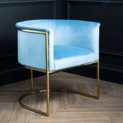 Art Deco Blue Velvet And Gold Metal Tub Armchair Accent Dining Chair