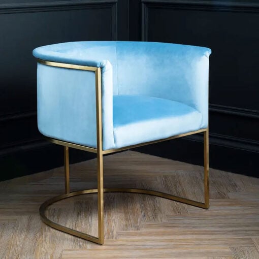 Art Deco Blue Velvet And Gold Metal Tub Armchair Accent Dining Chair