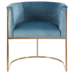 Art Deco Blue Velvet And Gold Metal Tub Armchair Accent Dining Chair