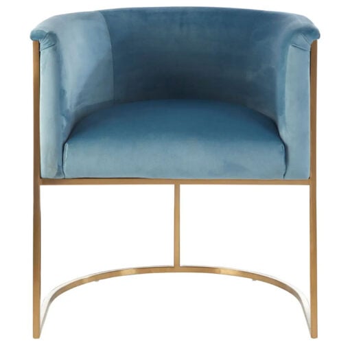 Art Deco Blue Velvet And Gold Metal Tub Armchair Accent Dining Chair