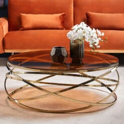 Art Deco Light Gold Metal And Amber Smoked Glass Lattice Coffee Table 108cm