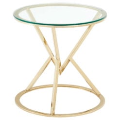 Art Deco Light Gold Metal And Clear Glass Corseted Side Table End Table