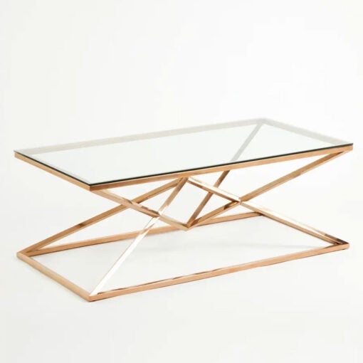 Art Deco Rose Gold Metal And Clear Glass Corseted Rectangular Coffee Table