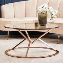 Art Deco Rose Gold Metal And Clear Glass Corseted Round Coffee Table