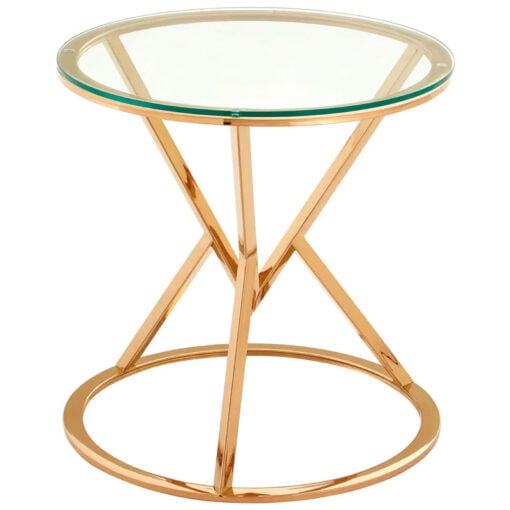 Art Deco Rose Gold Metal And Clear Glass Corseted Side Table End Table