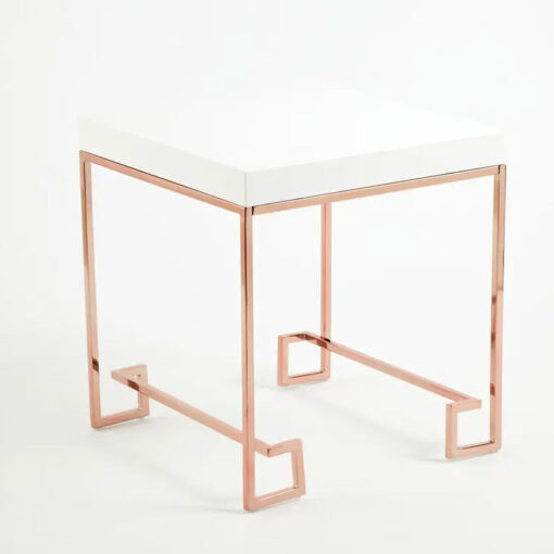 Art Deco Rose Gold Metal And White High Gloss Wood Side Table End Table