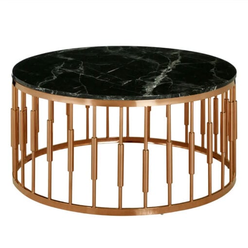 Art Deco Round Rose Gold Metal And Black Marble Coffee Table 90cm