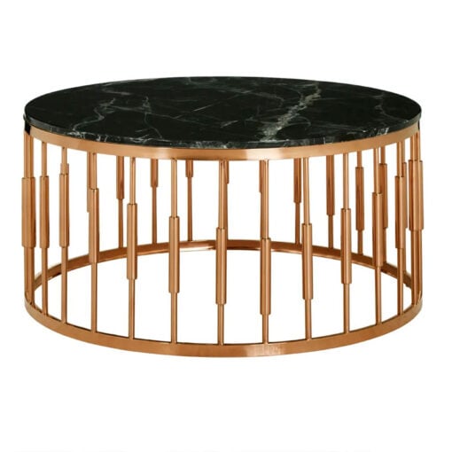 Art Deco Round Rose Gold Metal And Black Marble Coffee Table 90cm