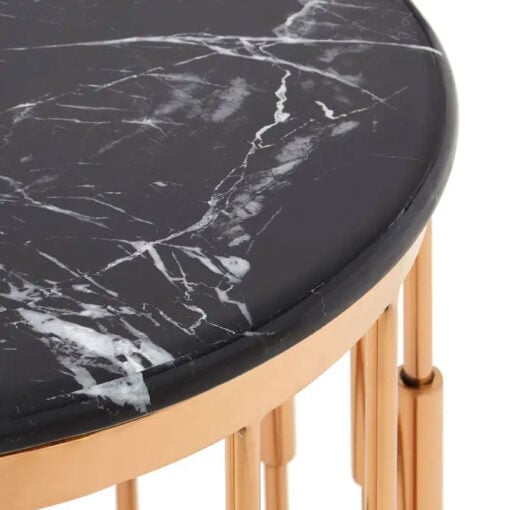 Art Deco Round Rose Gold Metal And Black Marble Side Table End Table