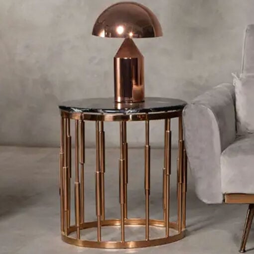 Art Deco Round Rose Gold Metal And Black Marble Side Table End Table