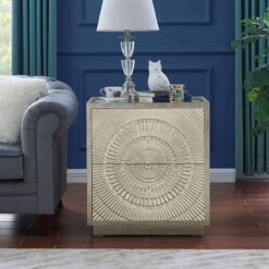 Art Deco Silver Geometric Wood 2 Drawer Bedside Cabinet With Mirrored Top