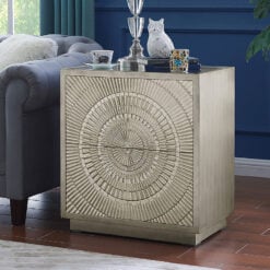 Art Deco Silver Geometric Wood 2 Drawer Bedside Cabinet With Mirrored Top