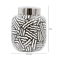 Black And White Wave Pattern Ceramic Ginger Jar With Silver Lid 26cm