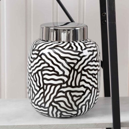 Black And White Wave Pattern Ceramic Ginger Jar With Silver Lid 26cm