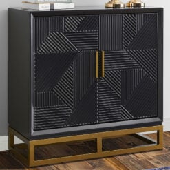 Black Gloss Geometric Embossed Wood And Gold Metal 2 Door Sideboard 90cm