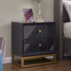 Black Gloss Geometric Embossed Wood And Gold Metal 2 Drawer Bedside Cabinet