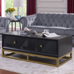 Black Gloss Geometric Embossed Wood And Gold Metal 4 Drawer Coffee Table 120cm