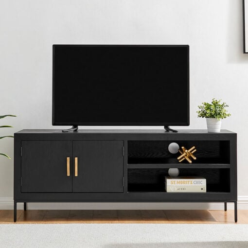 Black Wood And Black And Gold Metal 2 Door 2 Shelf TV Stand 150cm